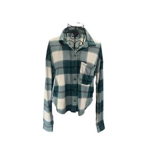 Rue 21 Crop‎ Women's Medium Top Long Sleeve Plaid Green Multi Stretch Button up